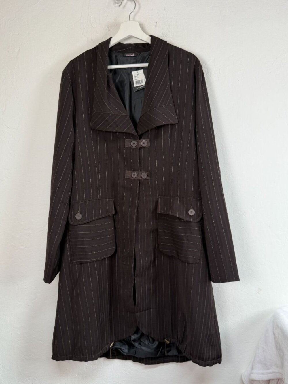 Animale Women's Size 14 Brown Pinstripe Long Coat Jacket Drawstring Hem NWT $238
